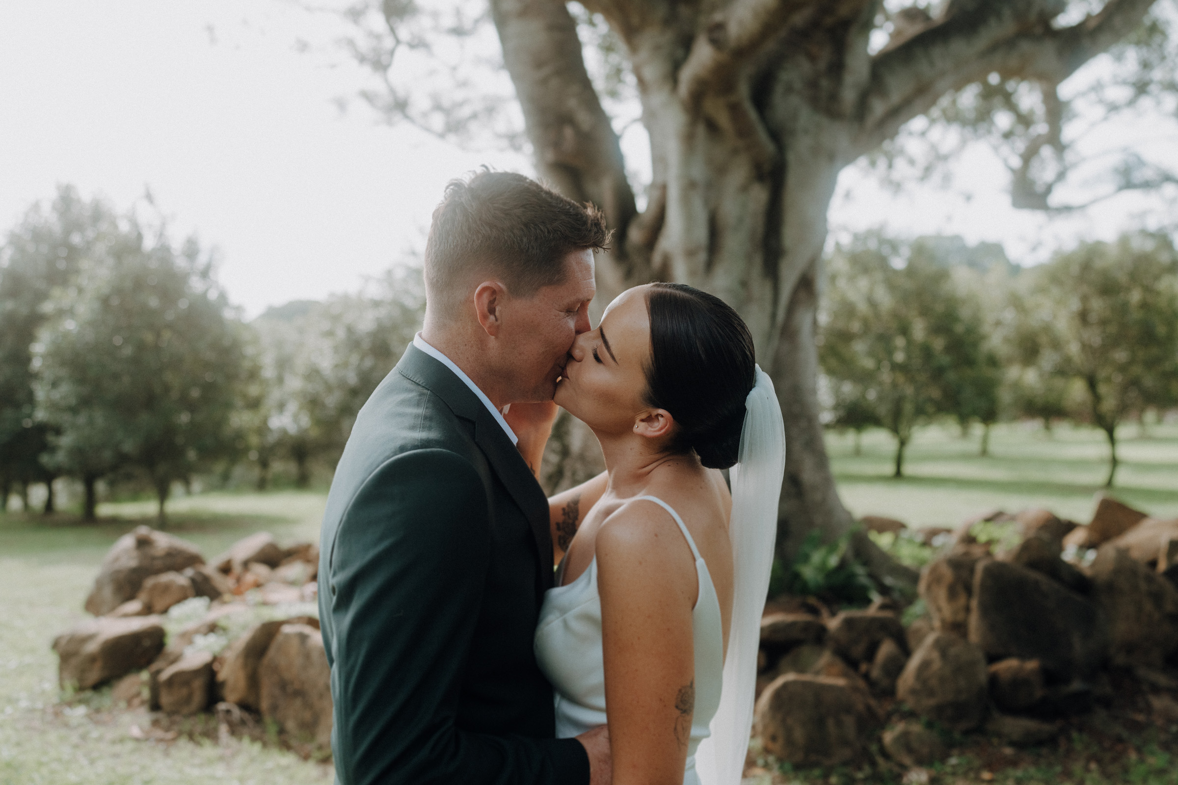 A couple in wedding attire shares a kiss outdoors, surrounded by greenery and rocks, with a large tree in the background.