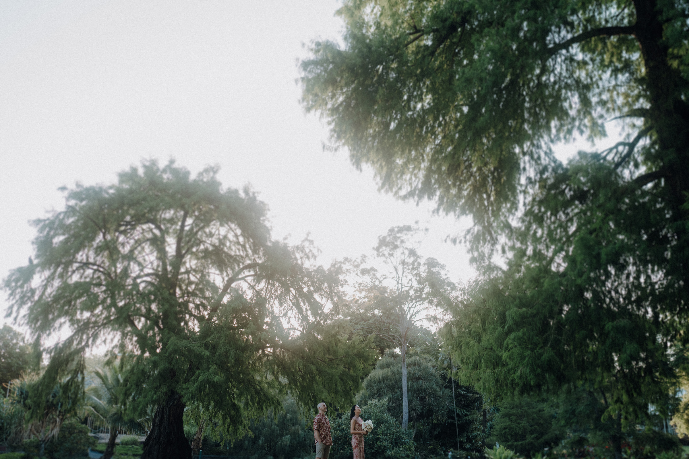 Two people in floral clothing stand in a lush park surrounded by large green trees. The sky is bright and overexposed.