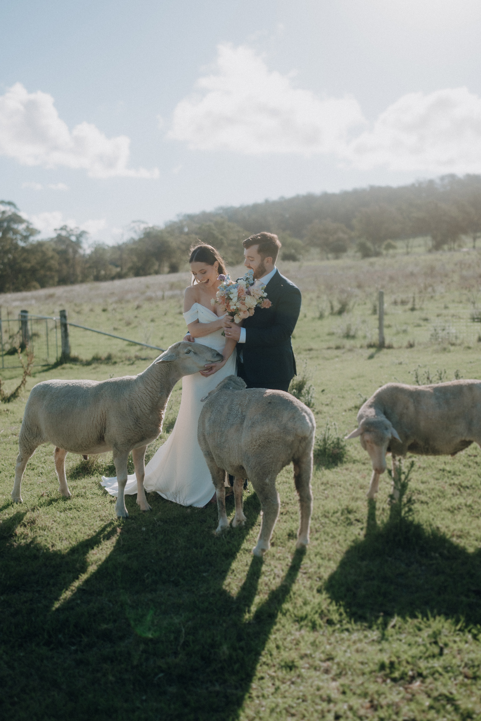 A bride and groom stand in a grassy field holding a bouquet, surrounded by sheep, under a clear sky with scattered clouds.